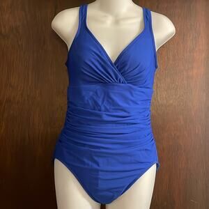 Trimshaper Brand Women's 10 Blue One Piece Swimsuit V Neck Slimming Swimwear